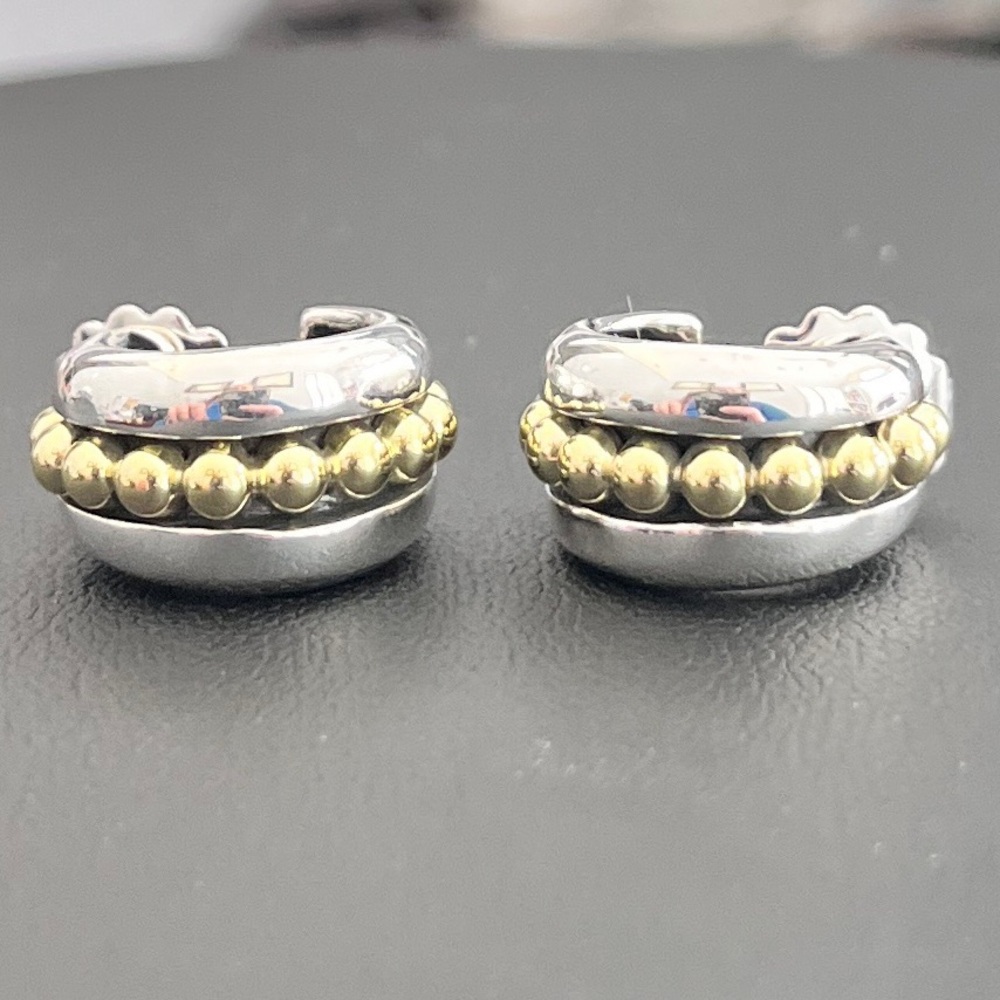 Lagos 925 Sterling Silver and 18kt Yellow Gold ‘Caviar’ Layered Hoop Earrings